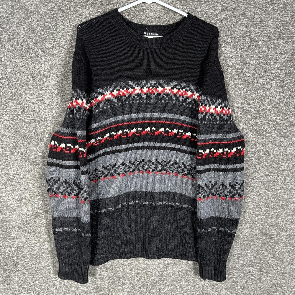 Smartwool Sweater Mens XL Black Lambswool Fair Isle Knit Crewneck‎ Pullover